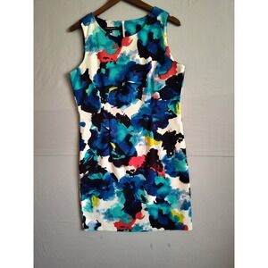 Mario Serrani Womens Blue Floral Watercolor Sleeveless Sheath Dress Size 12